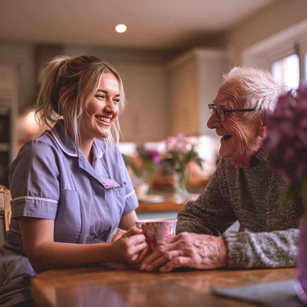 A home carer in uniform sharing a cup of tea and a laugh with an older man at his kitchen table
