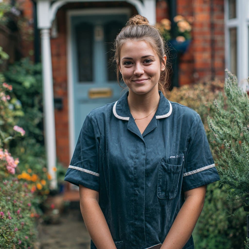 A home carer in a navy uniform smiling outside the front door of a red-brick house