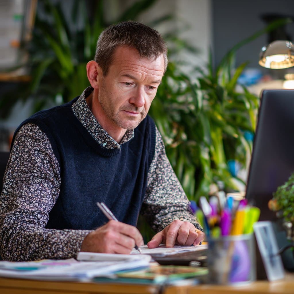 A man at a desk working through paperwork with a pen