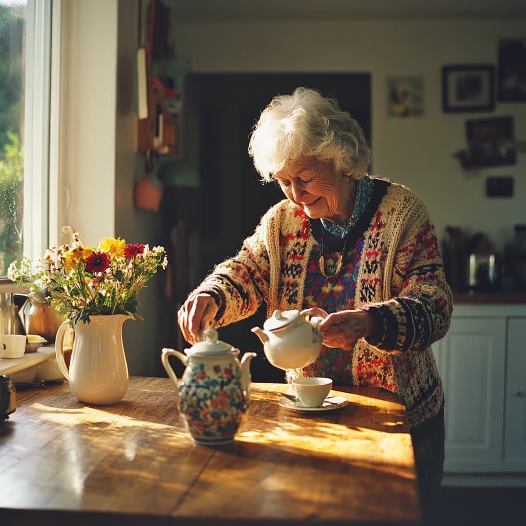 An older woman in a patterned cardigan pouring tea at her kitchen table in the morning sun