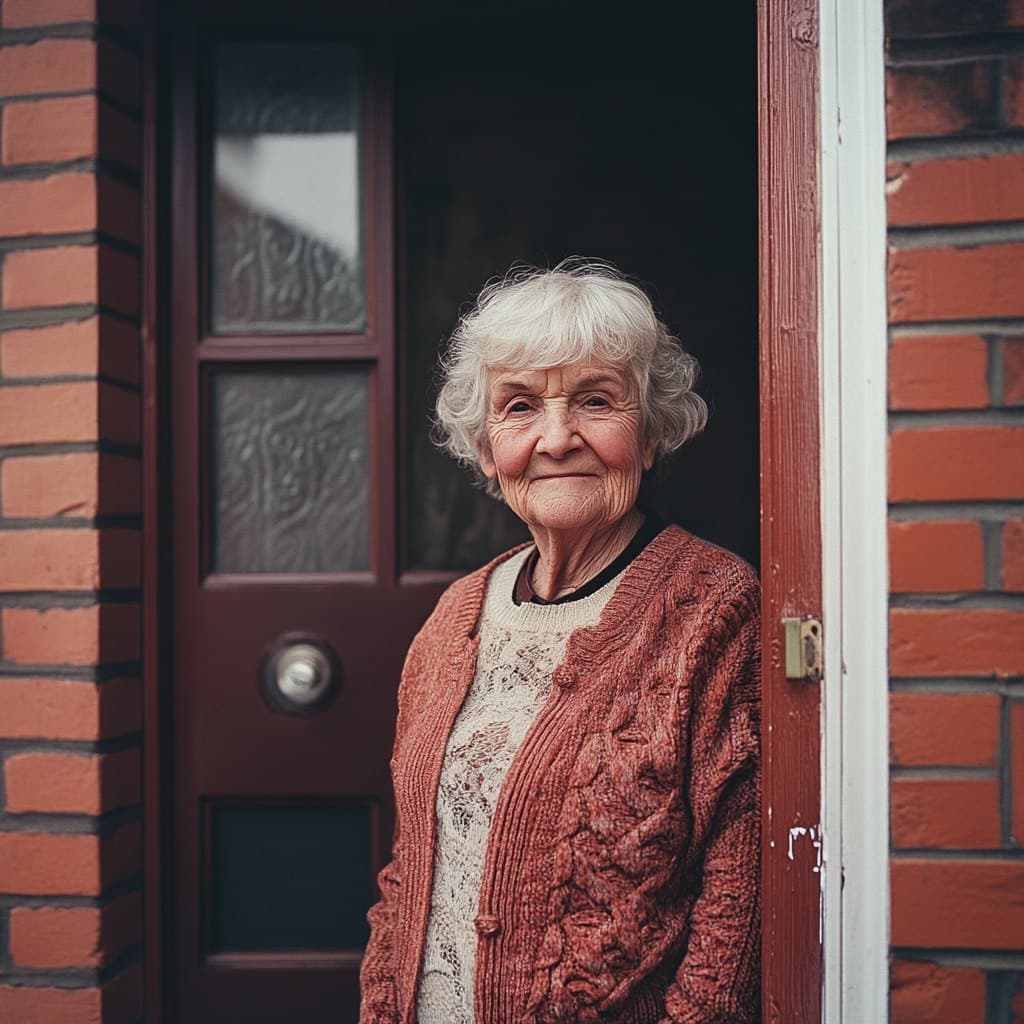 An older woman in a knitted cardigan smiling at her front door