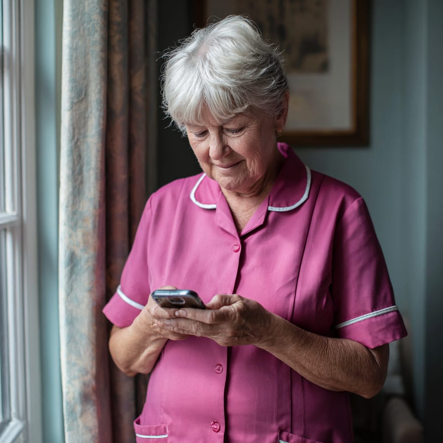 A carer checking her phone